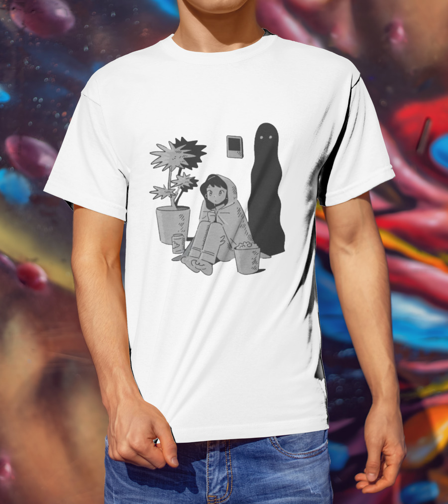 Phantom Cozy: Ghostly Companion And Snuggled Figure With Plant And Snacks T-Shirt