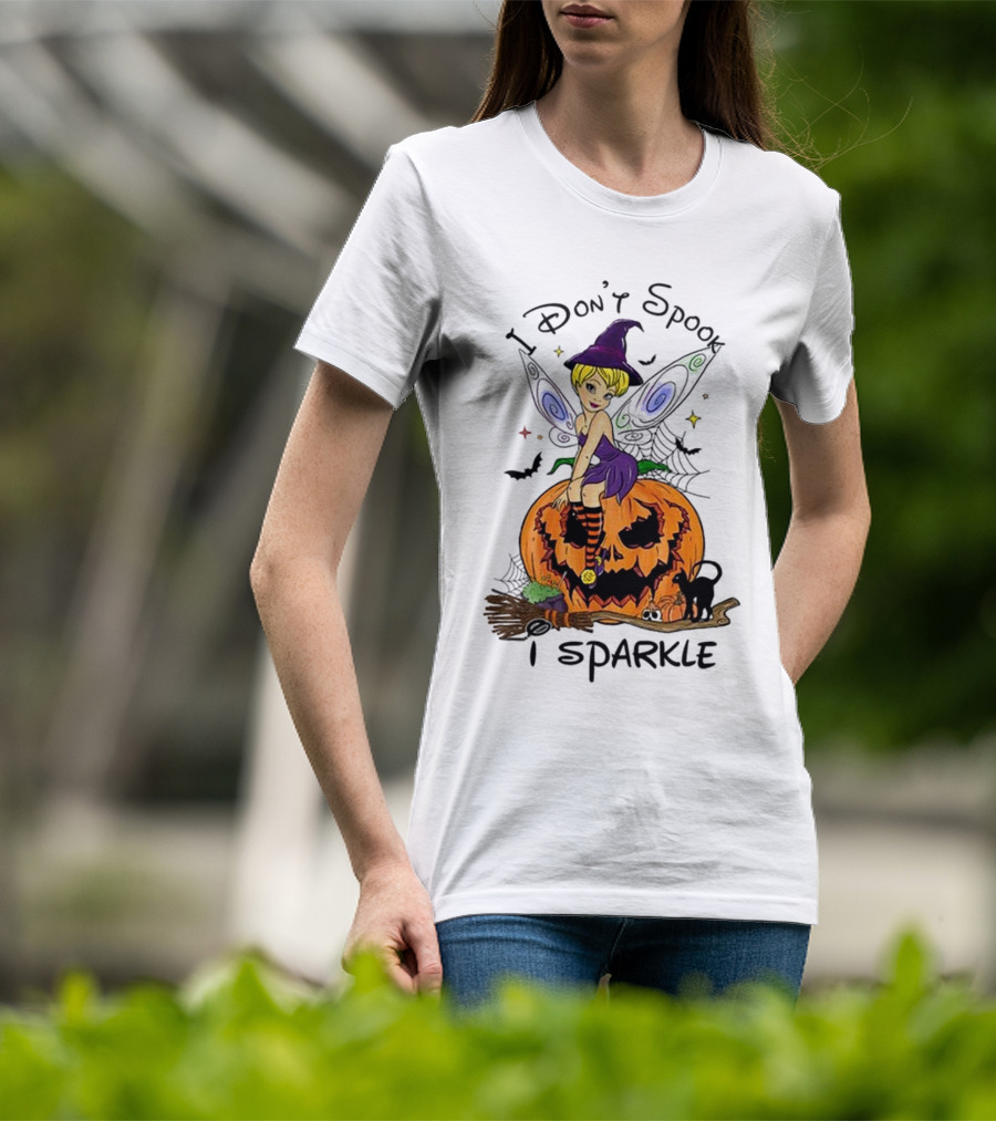 I Don’t Spook I Sparkle Witch Fairy On Pumpkin Halloween Scene T-Shirt