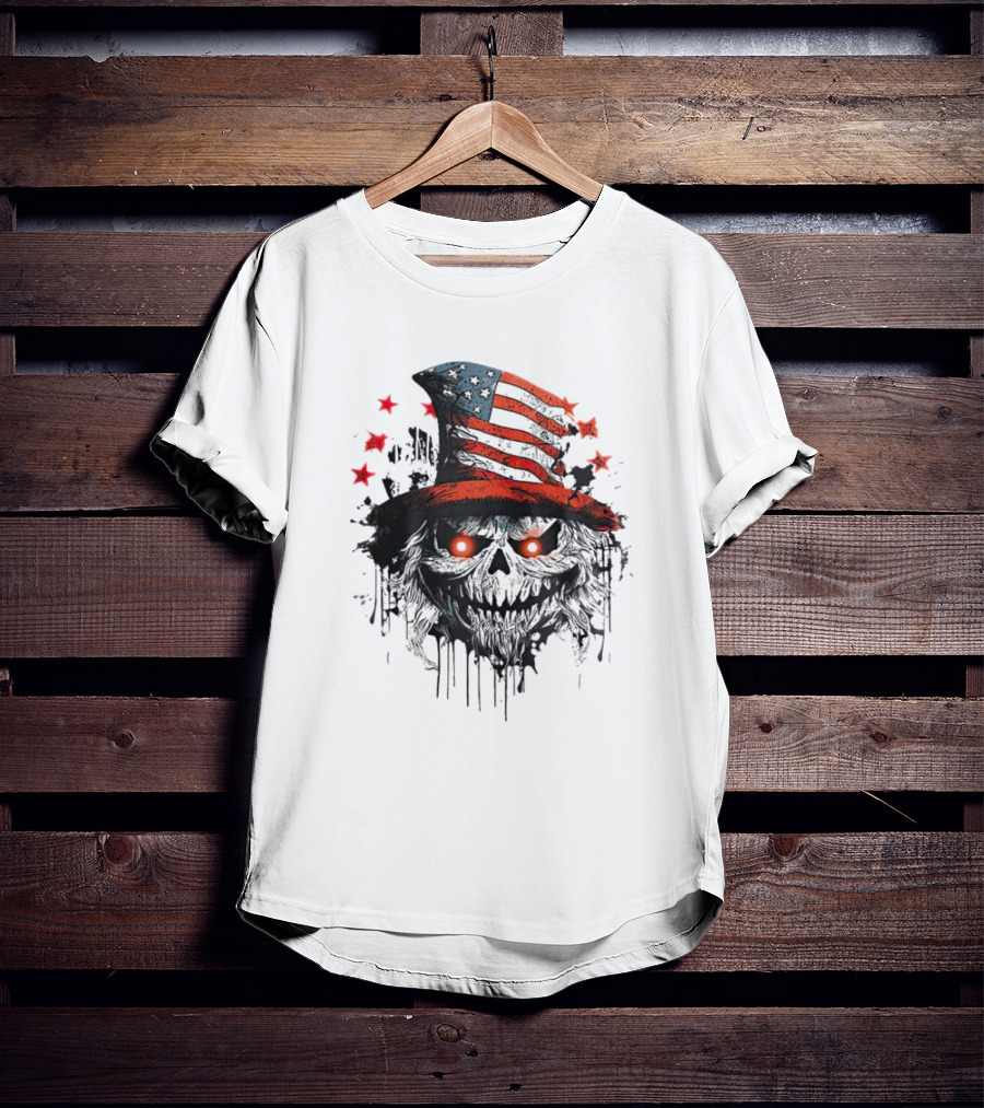 Uncle Sam Skull With American Flag Hat And Red Stars T-Shirt
