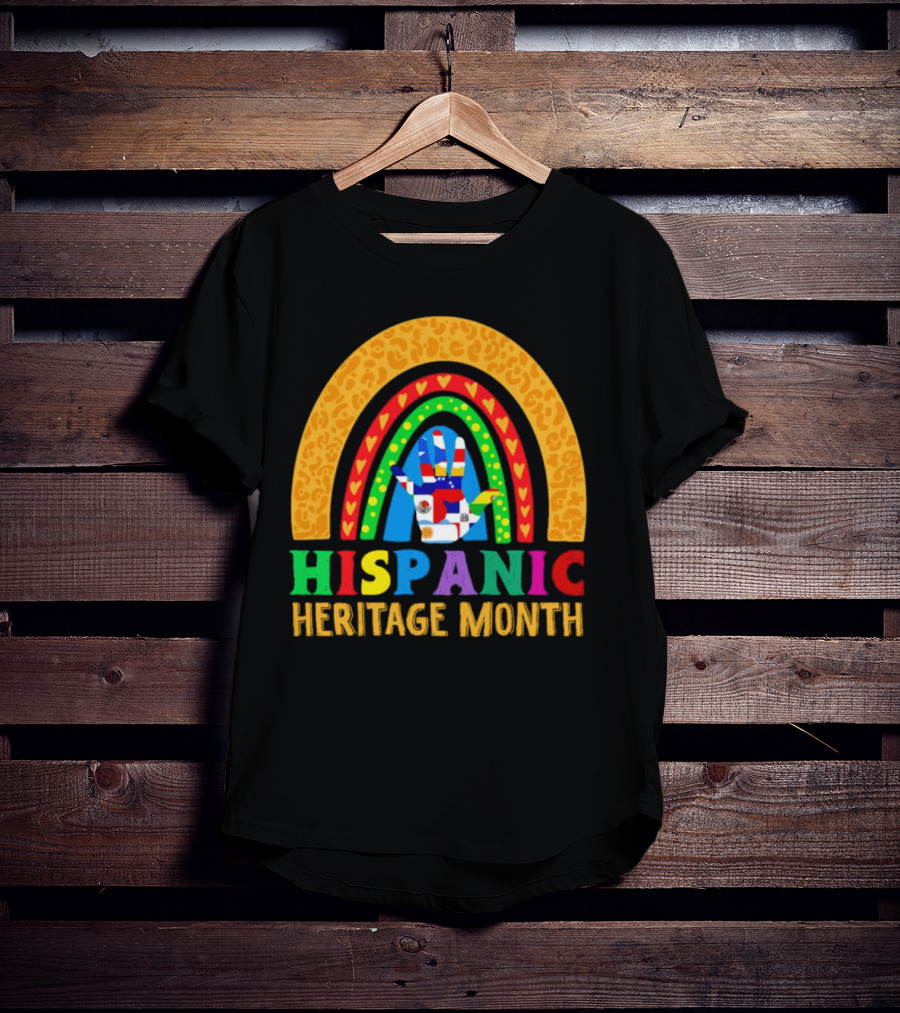 Hispanic Heritage Month Rainbow With Flag Mosaic Hand T-Shirt