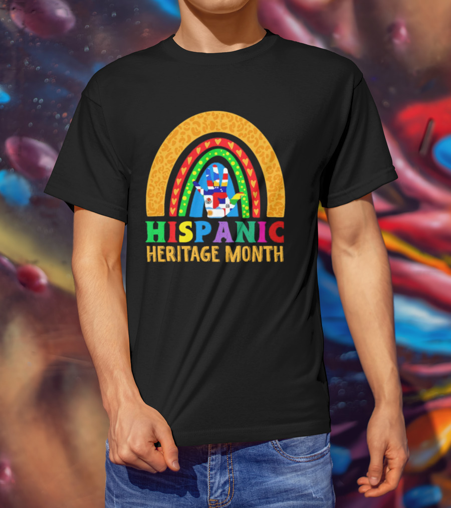 Hispanic Heritage Month Rainbow With Flag Mosaic Hand T-Shirt