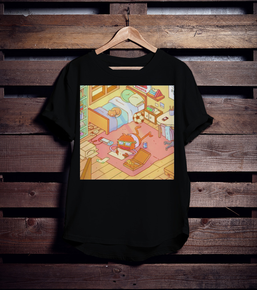 Chillin' Wolfi Gaming Bedroom With Cat And Pizza T-Shirt