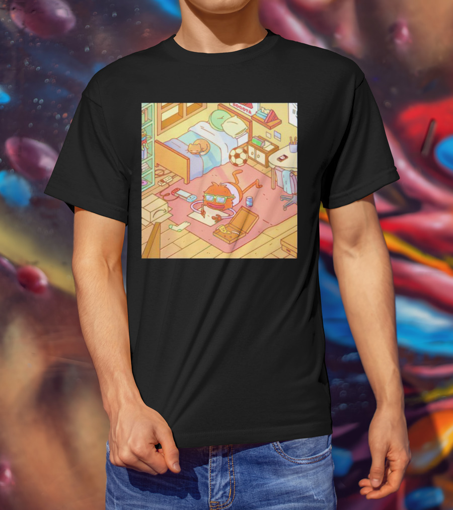 Chillin' Wolfi Gaming Bedroom With Cat And Pizza T-Shirt