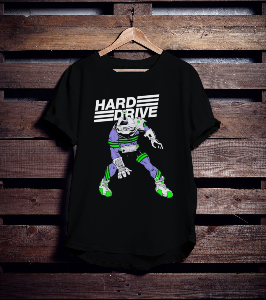 HARD DRIVE Futuristic Cyborg With Green And Purple Accents T-Shirt