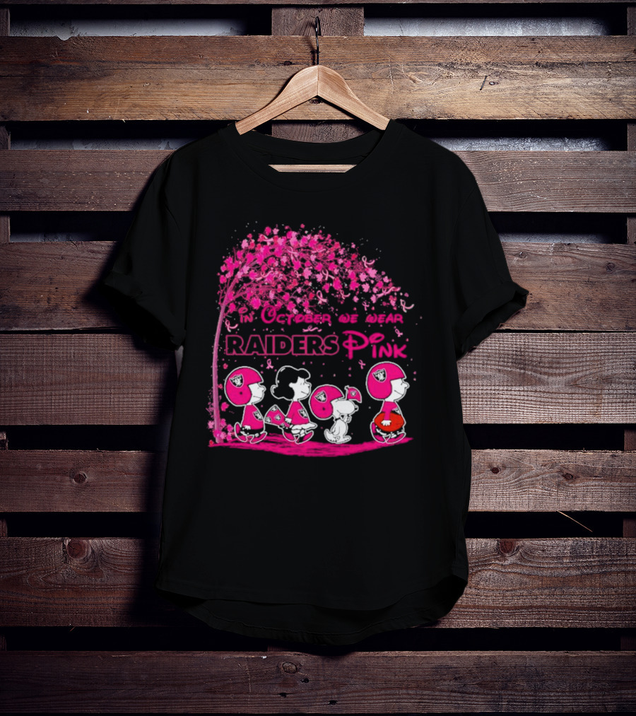 In October We Wear Raiders Pink Peanuts Breast Cancer Awareness T-Shirt