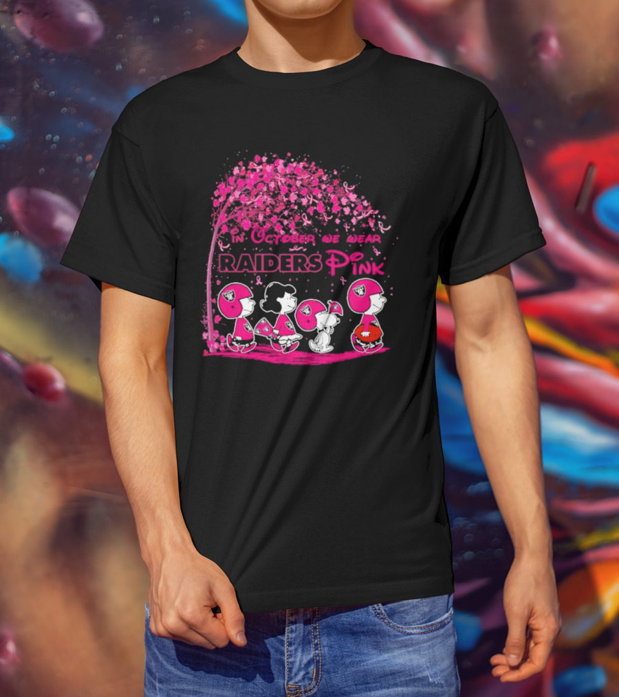 In October We Wear Raiders Pink Peanuts Breast Cancer Awareness T-Shirt