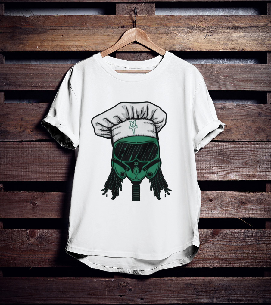 Jet Pilot Cook Chef Hat And Mask With Green Helmet And Braids T-Shirt