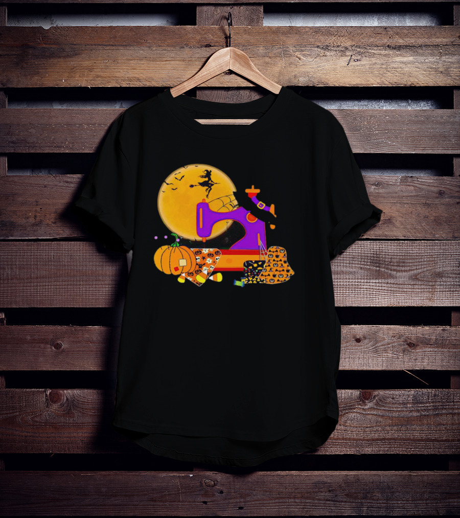 Halloween Witch Flying Over Sewing Machine With Pumpkins And Patchwork T-Shirt