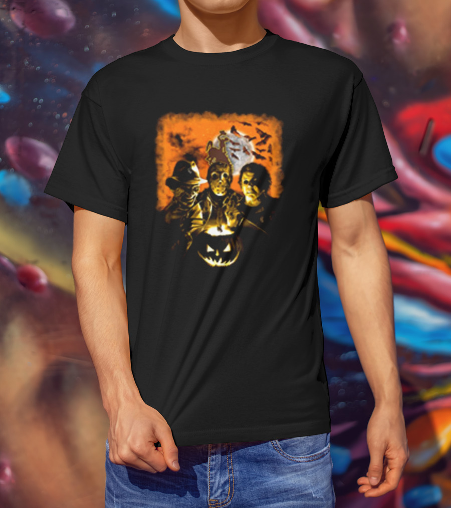 Horror Movies Freddy Krueger Jason Voorhees Michael Myers Halloween Wyoming Cowboys Jack-O'-Lantern Moon Bats T-Shirt