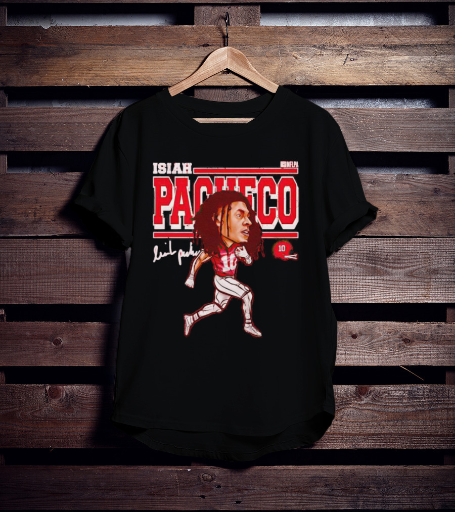 ISIAH PACHECO NFLPA Signature Caricature With Number 10 And Red Helmet T-Shirt