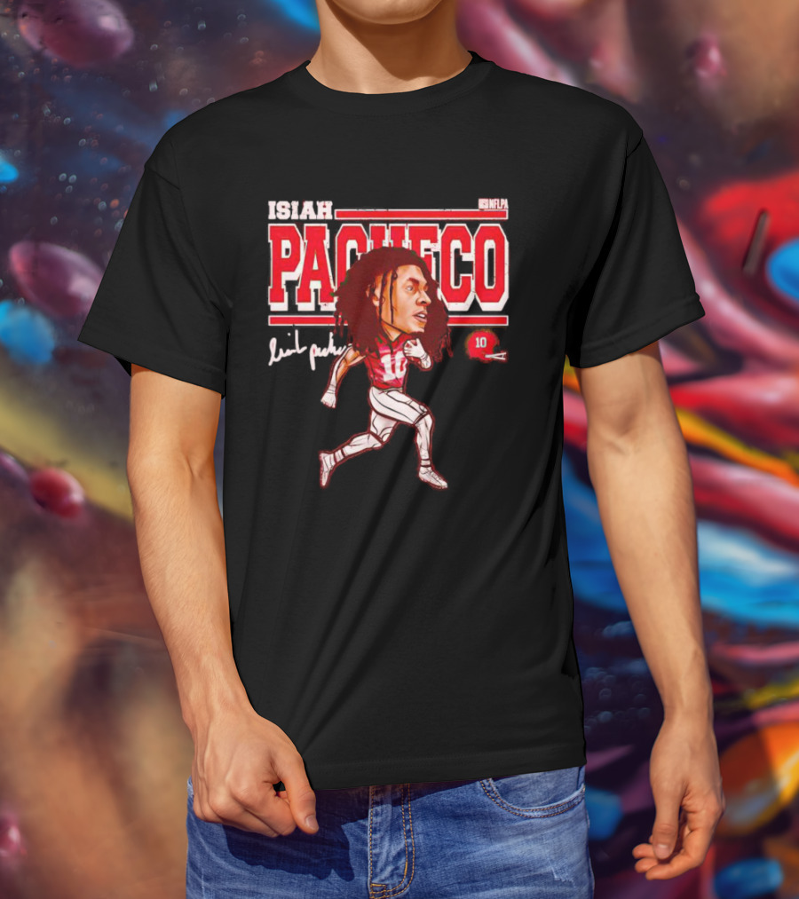ISIAH PACHECO NFLPA Signature Caricature With Number 10 And Red Helmet T-Shirt