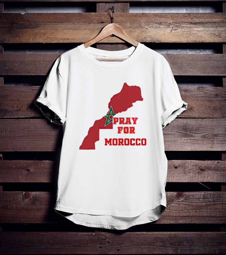 Pray For Morocco Map With Green Star And Red T-Shirt