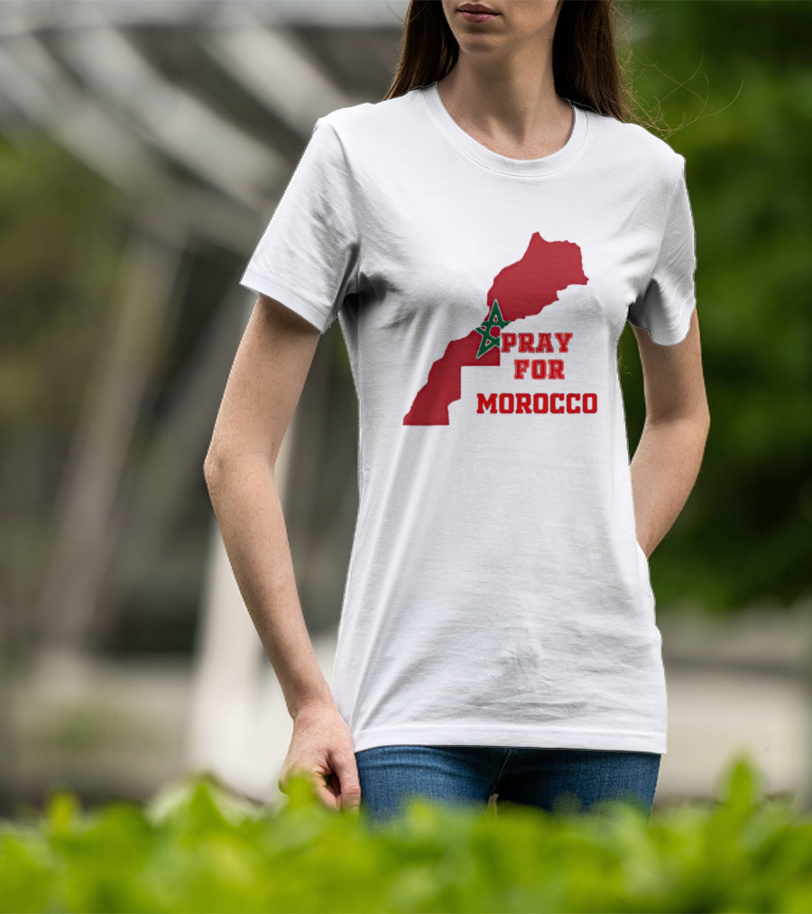 Pray For Morocco Map With Green Star And Red T-Shirt