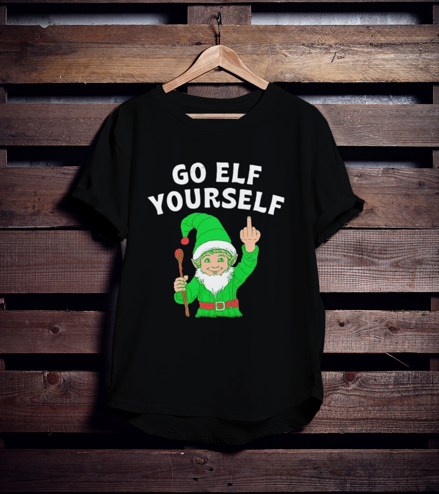 GO ELF YOURSELF Middle Finger Green Elf With Candy Cane T-Shirt