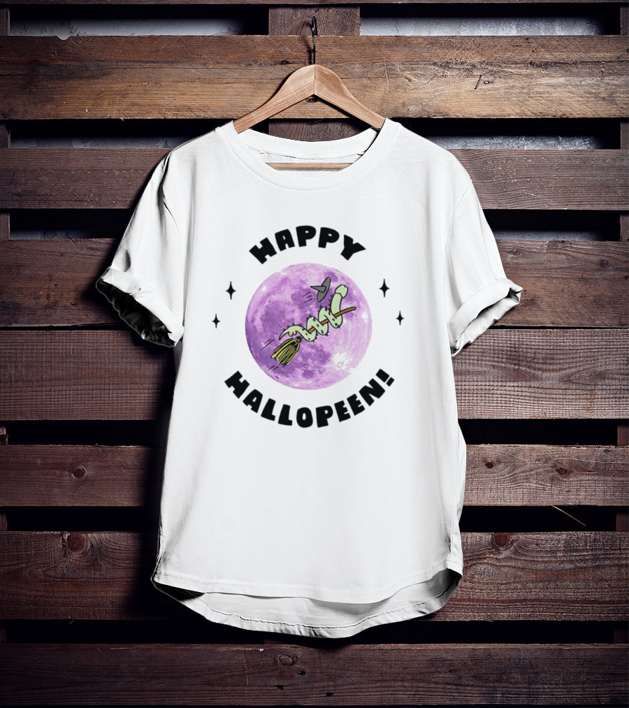 Happy Hallopeen Snake On Broomstick With Purple Moon Halloween T-Shirt