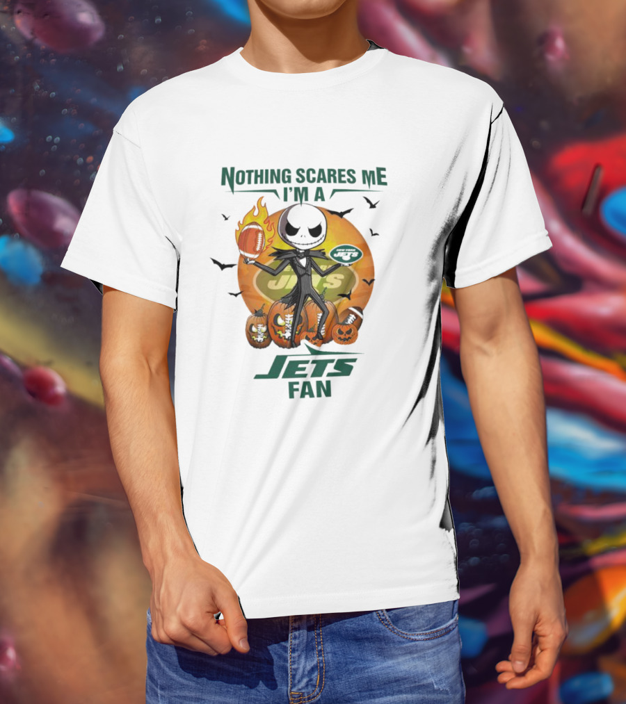 Jack Skellington Nothing Scares Me I'm A New York Jets Fan Halloween Pumpkins Football T-Shirt