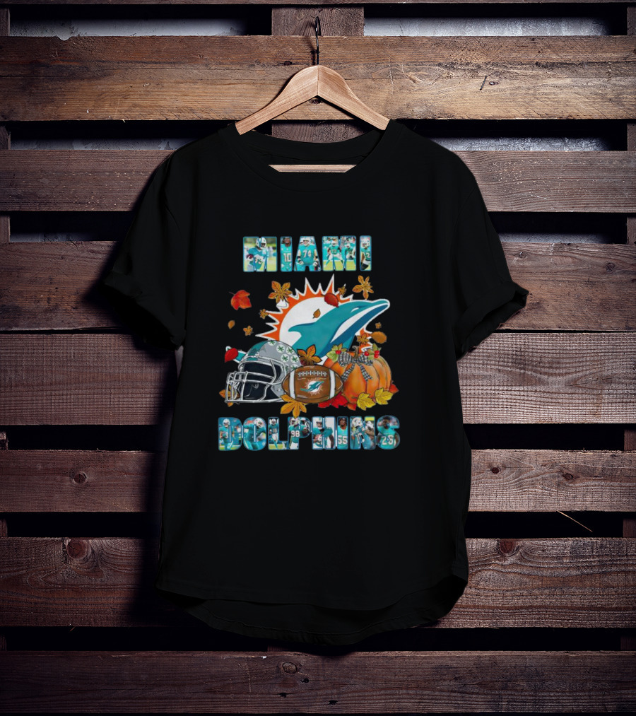 Miami Dolphins Autumn Football Helmet And Pumpkin Leaves T-Shirt