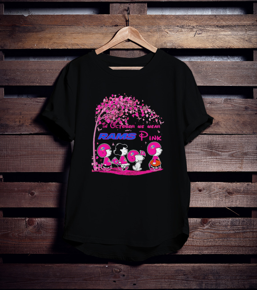 In October We Wear Rams Pink Peanuts Characters Los Angeles Breast Cancer T-Shirt