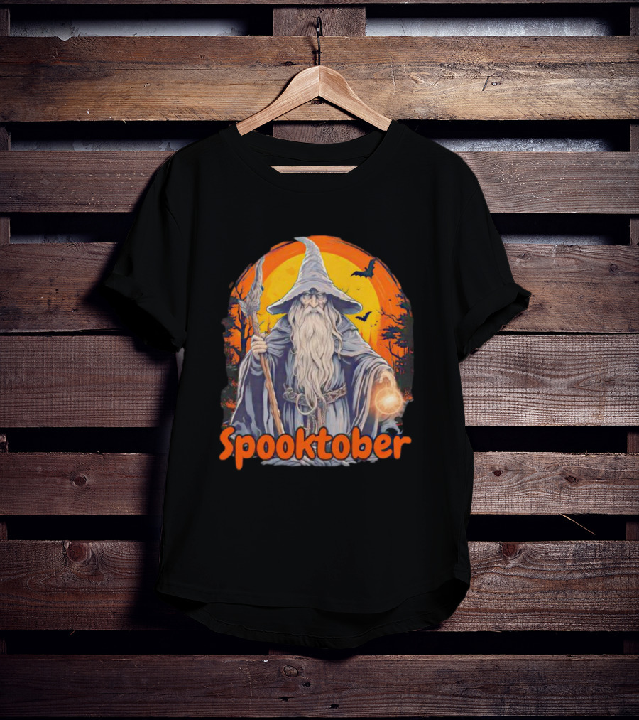 Spooktober Wizard Halloween With Wand And Orange Bats T-Shirt