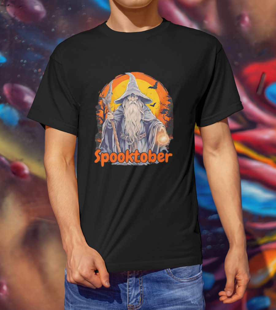 Spooktober Wizard Halloween With Wand And Orange Bats T-Shirt