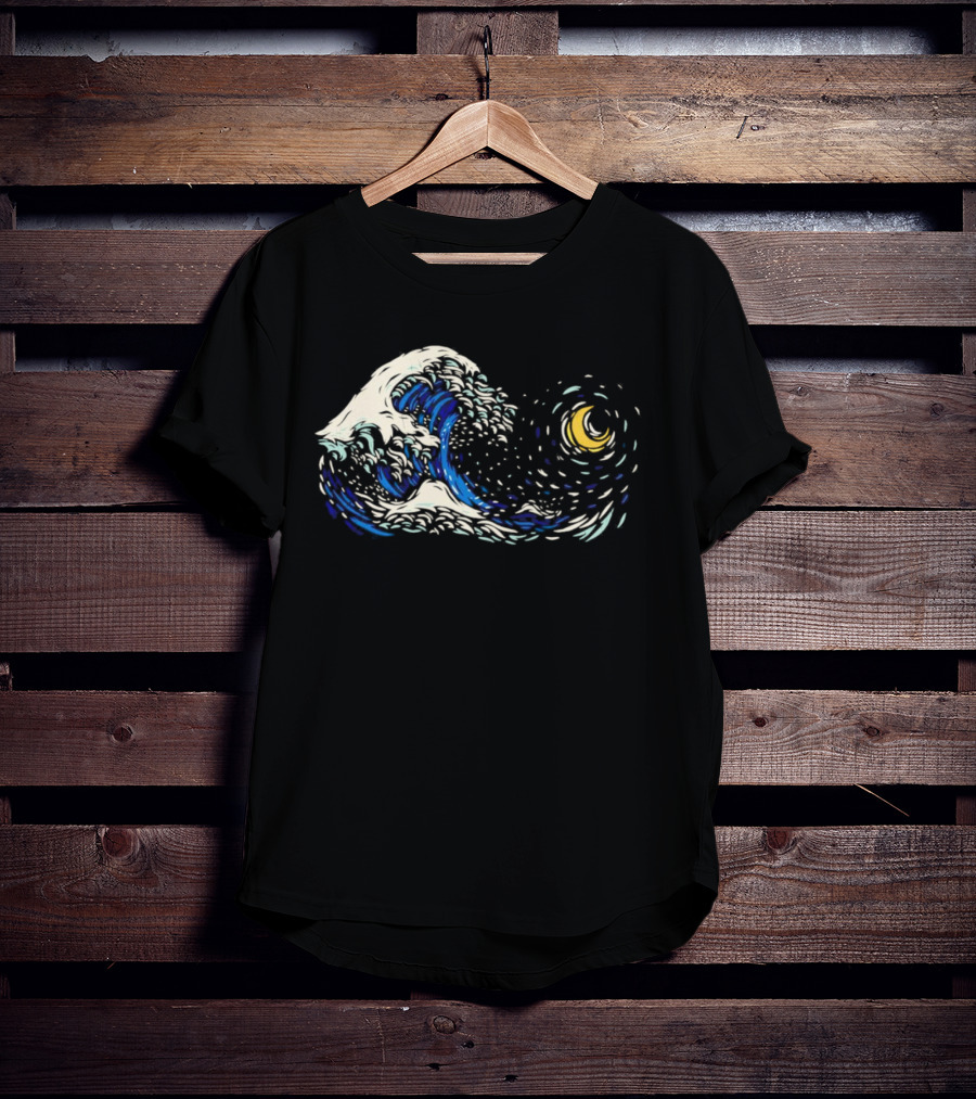 Starry Night Meets Great Wave Fusion T-Shirt