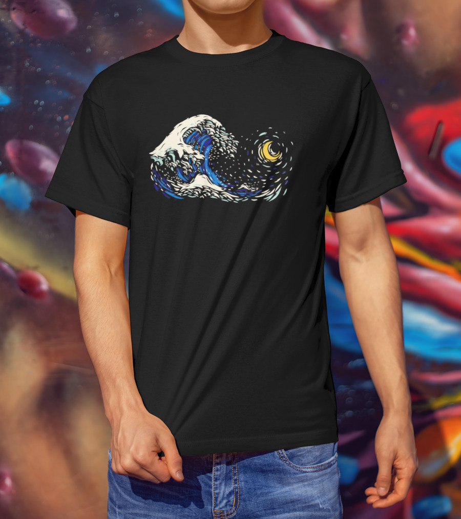 Starry Night Meets Great Wave Fusion T-Shirt