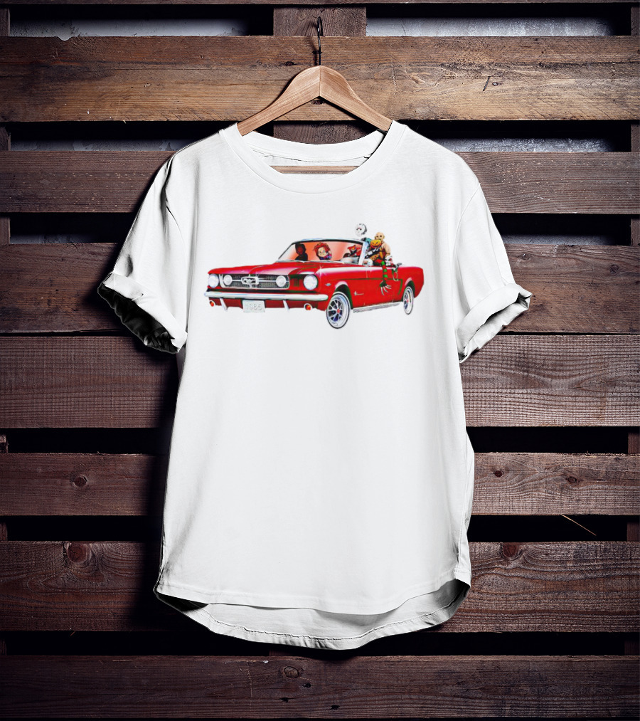 Horror Movie Icons In Red Mustang Car Driving Scene T-Shirt