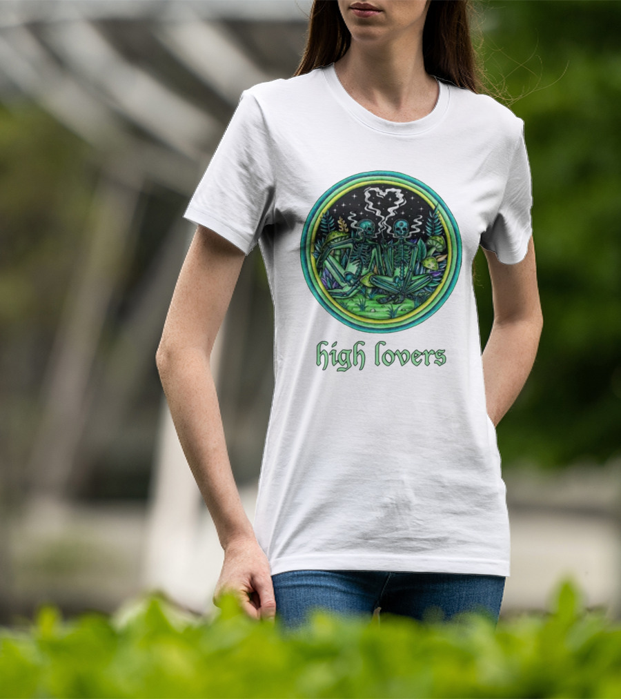 High Lovers Skeletons In Psychedelic Forest Scene T-Shirt