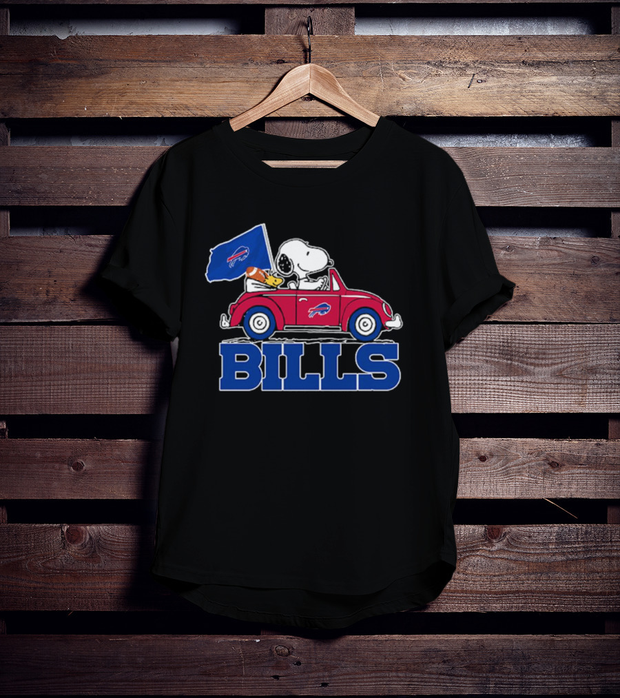 Snoopy Woodstock Driving Red Car Buffalo Bills Flag T-Shirt
