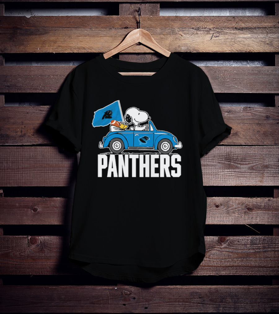 Snoopy And Woodstock Driving Car Panthers Flag T-Shirt