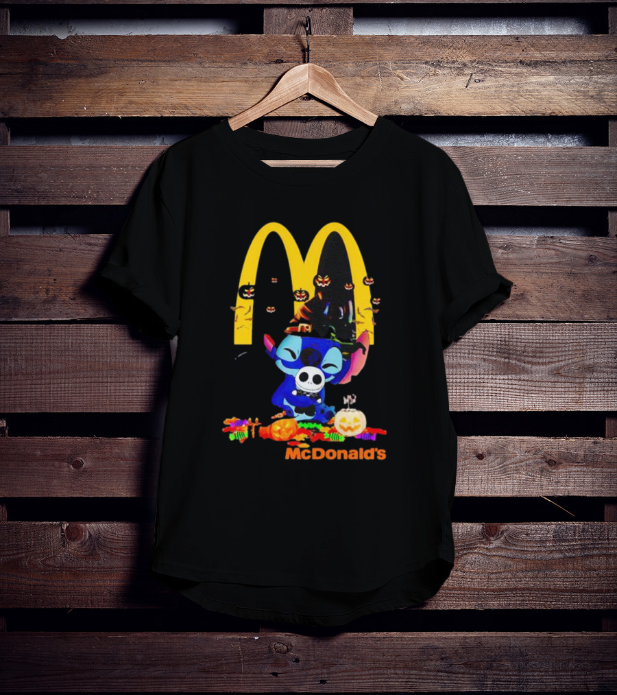 Stitch Hugging Jack Skellington With McDonald’s Halloween Pumpkins And Candy T-Shirt