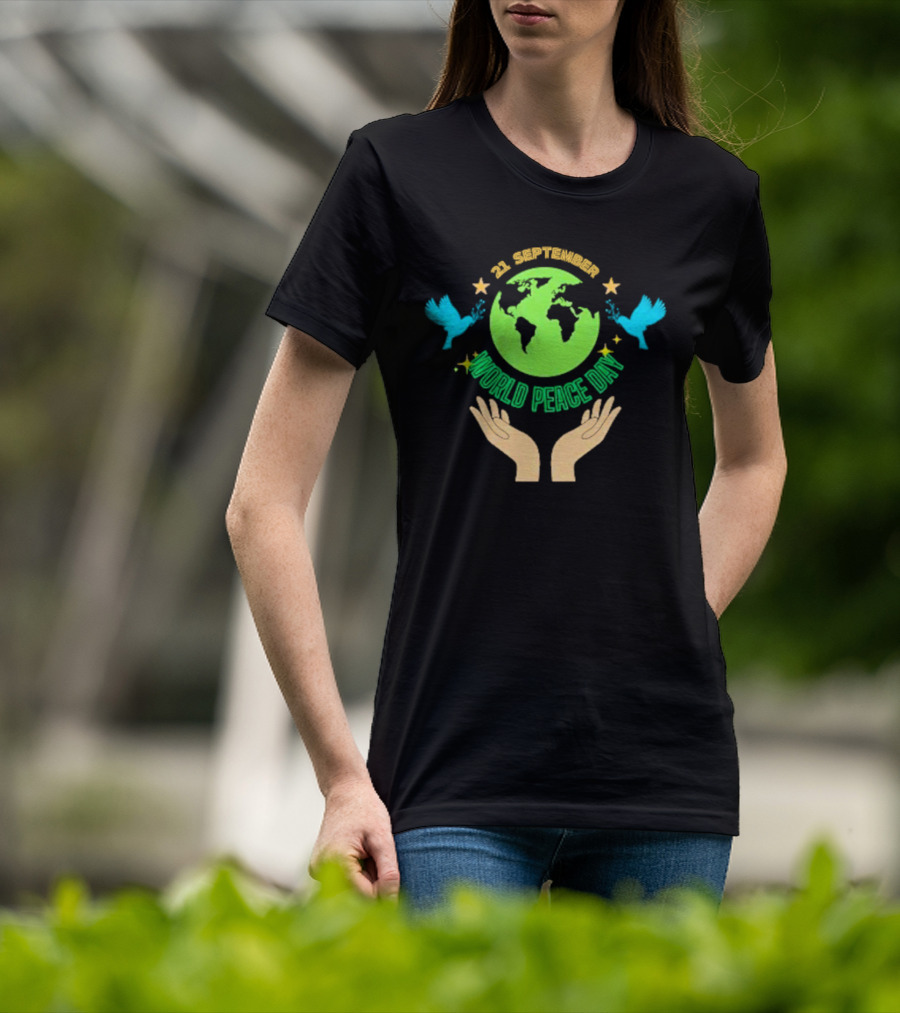 21 September World Peace Day Earth Doves Hands Stars T-Shirt