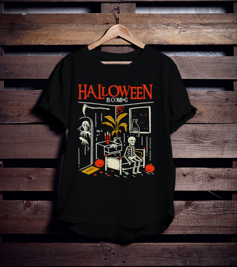 Halloween Is Coming Skeleton With Ghost And Pumpkins In Spooky Room T-Shirt