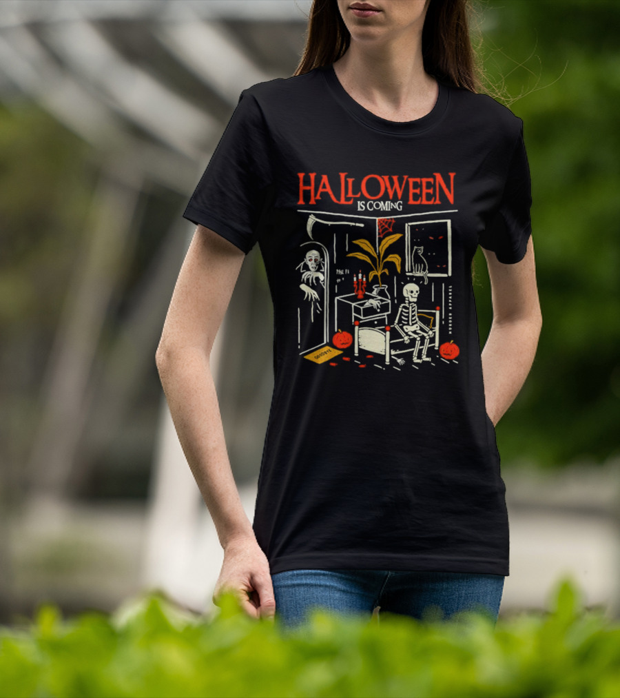 Halloween Is Coming Skeleton With Ghost And Pumpkins In Spooky Room T-Shirt