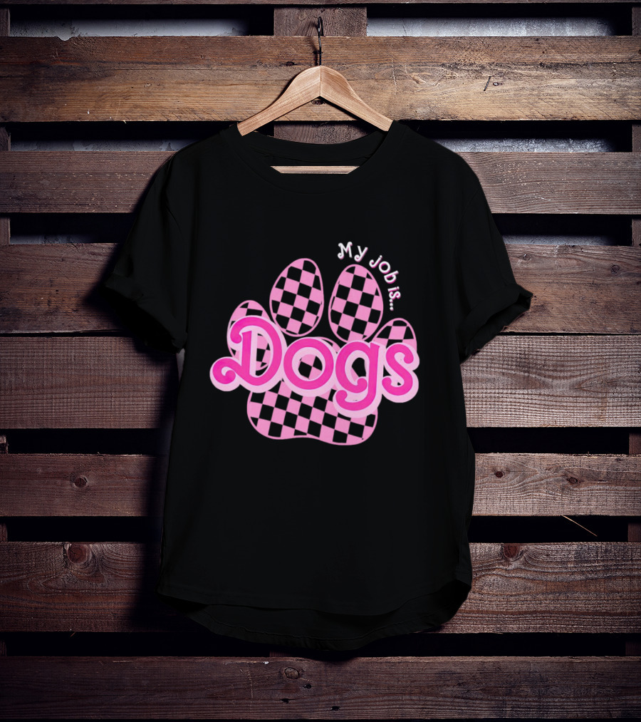 Barbie My Job Is Dogs Pink Checkered Paw Prints T-Shirt