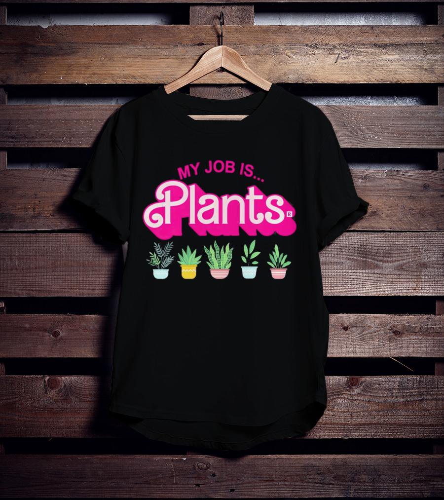 Barbie Plants My Job Is Plants Pink Logo With Potted Greenery T-Shirt