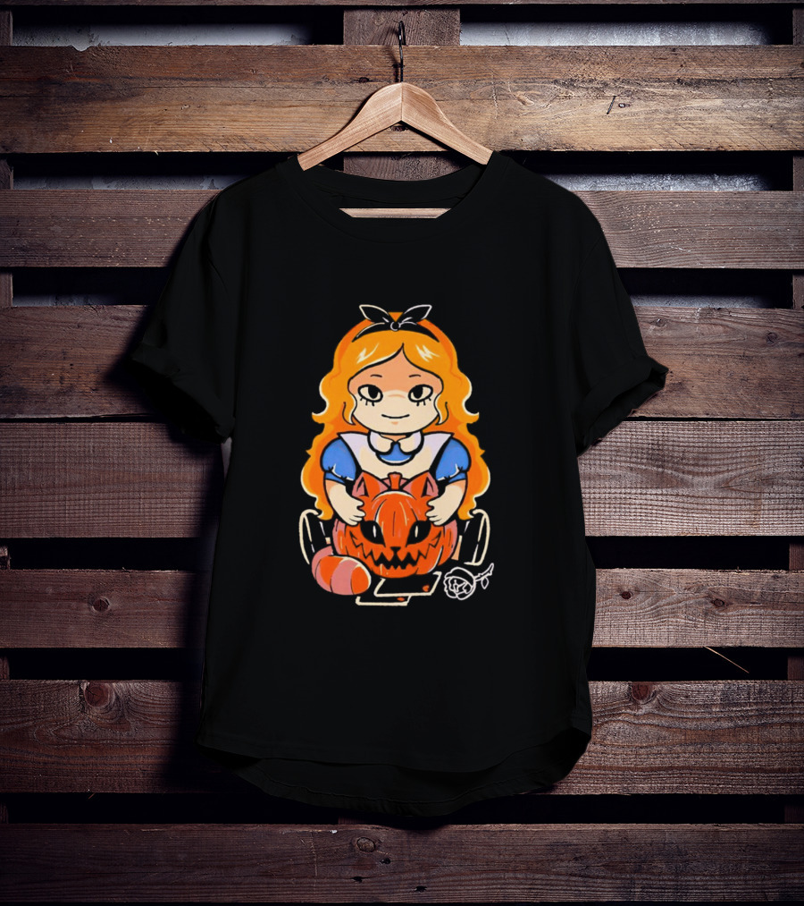 Chibi Alice Wonderland Halloween With Pumpkin And Rose T-Shirt