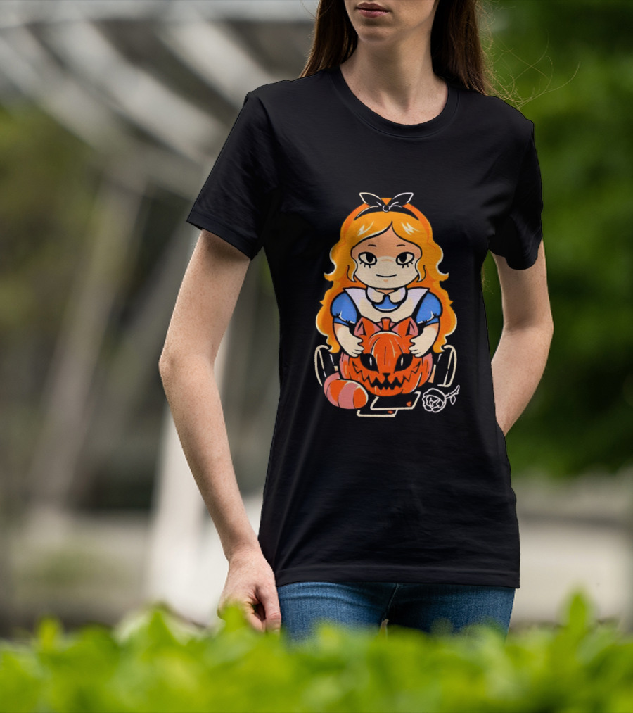 Chibi Alice Wonderland Halloween With Pumpkin And Rose T-Shirt