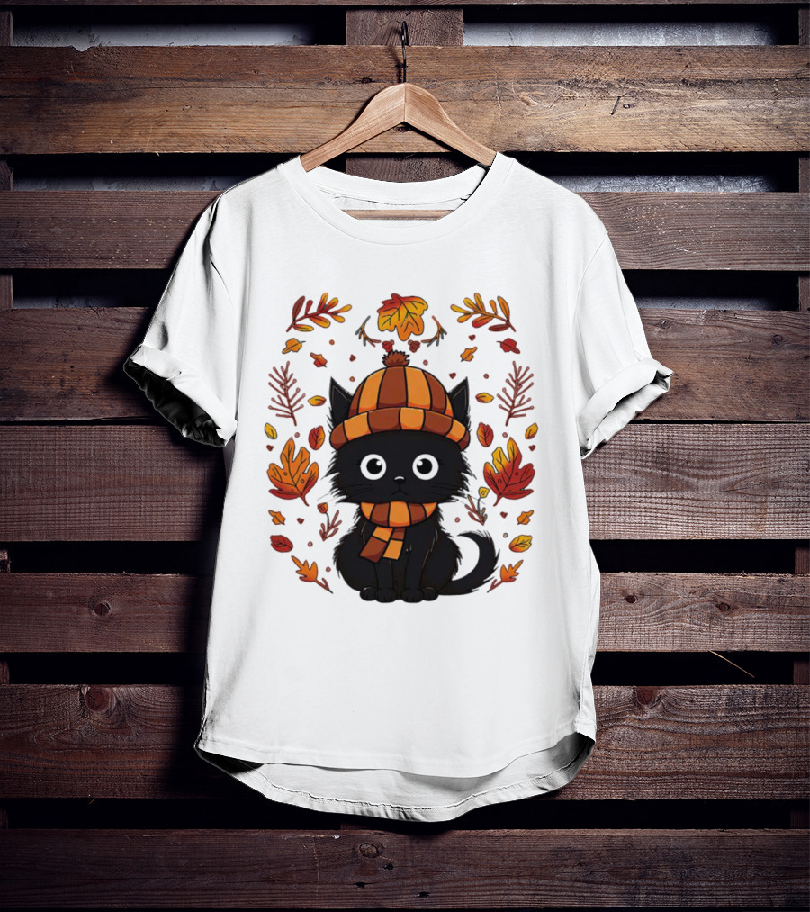 Black Cat Autumn Leaves Cozy Fall T-Shirt