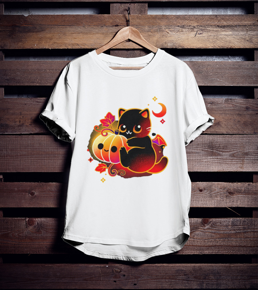 Cat Demon Halloween Moon Pumpkin Leaves Bat Wings T-Shirt