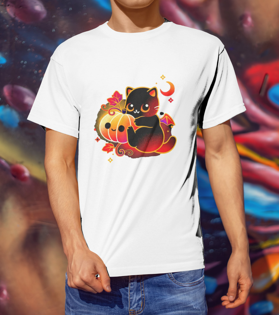 Cat Demon Halloween Moon Pumpkin Leaves Bat Wings T-Shirt