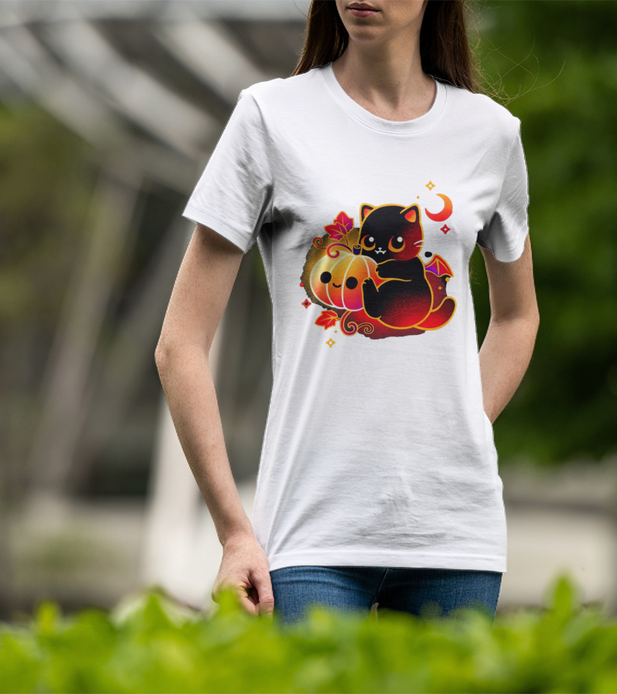 Cat Demon Halloween Moon Pumpkin Leaves Bat Wings T-Shirt
