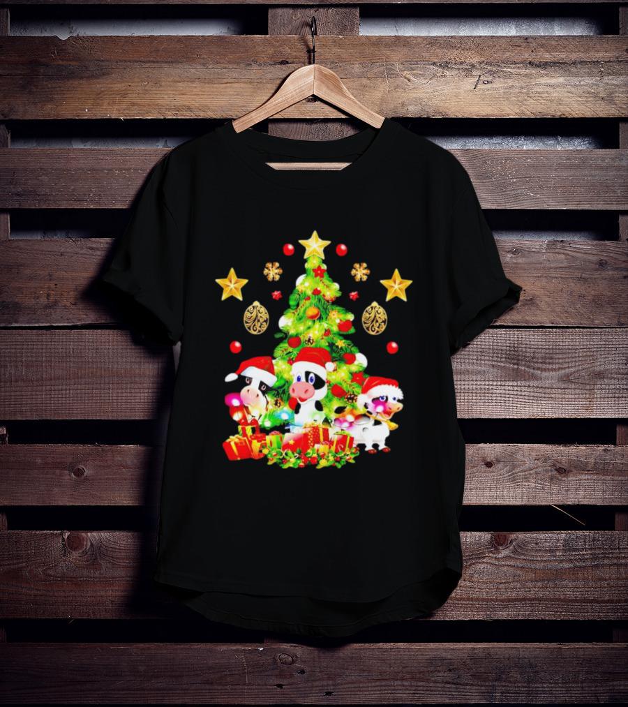 Dairy Cow With Christmas Tree Festive Santa Hats And Presents T-Shirt