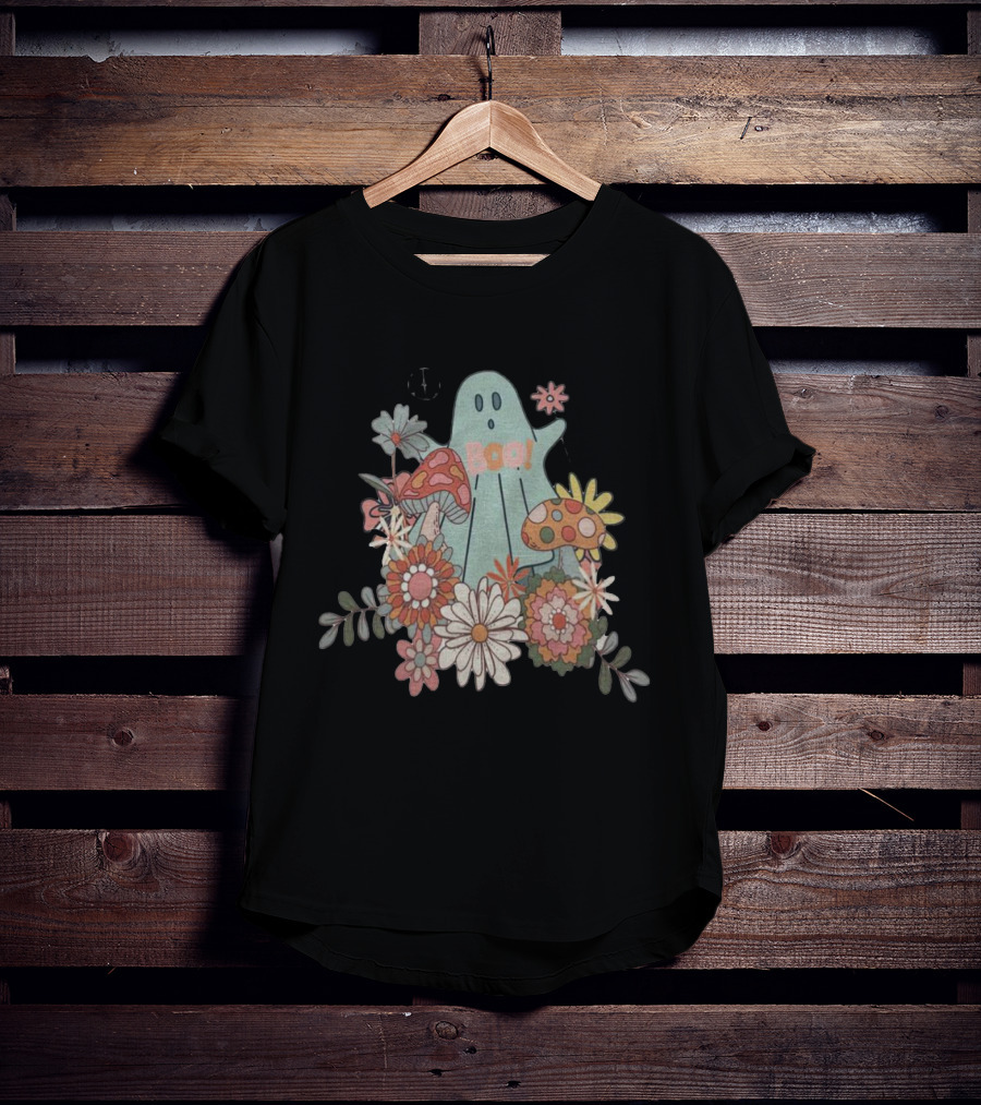 Hippie Boo Ghost With Flowers And Colorful Mushrooms T-Shirt