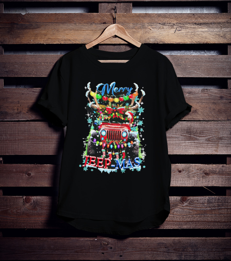 Merry Jeep Mas Reindeer Lights Snowflakes Christmas Decorations T-Shirt