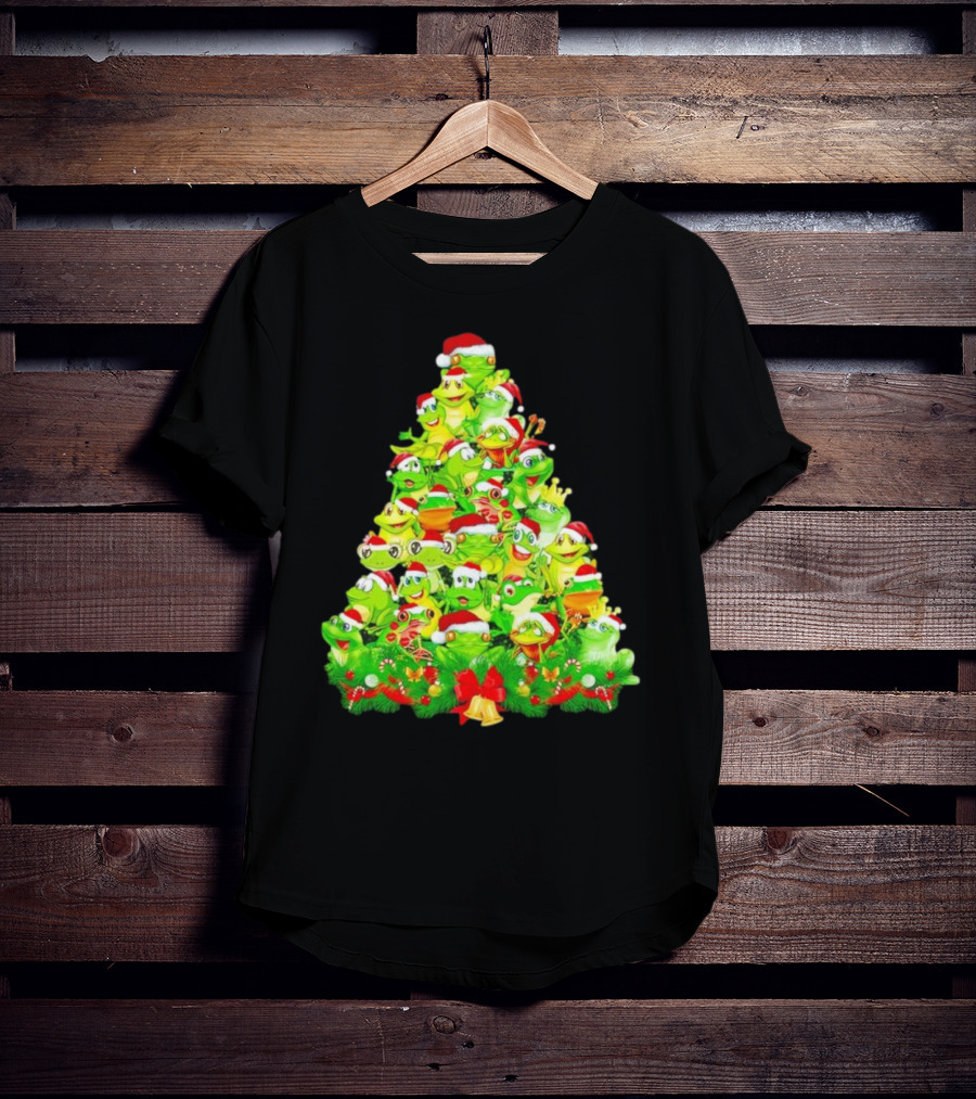 Frogs With Santa Hats Christmas Tree Holiday T-Shirt