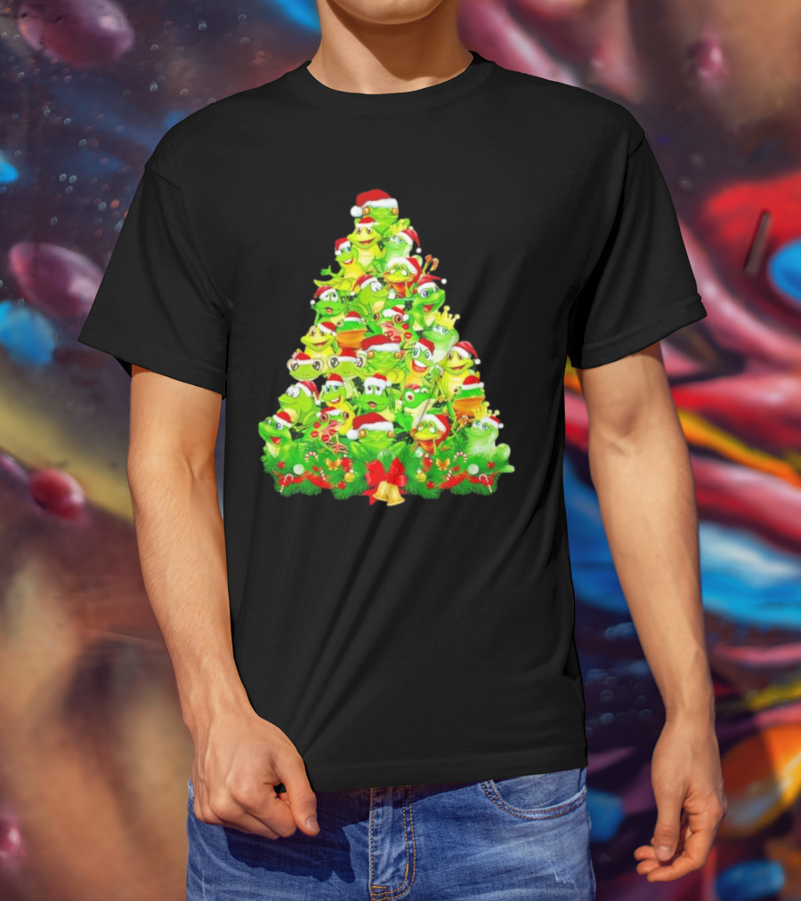 Frogs With Santa Hats Christmas Tree Holiday T-Shirt