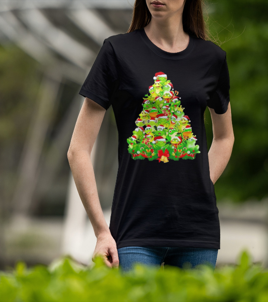 Frogs With Santa Hats Christmas Tree Holiday T-Shirt