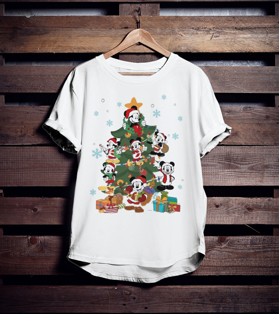 Christmas Tree Mickey Mouse Holiday Characters With Gifts And Snowflakes T-Shirt