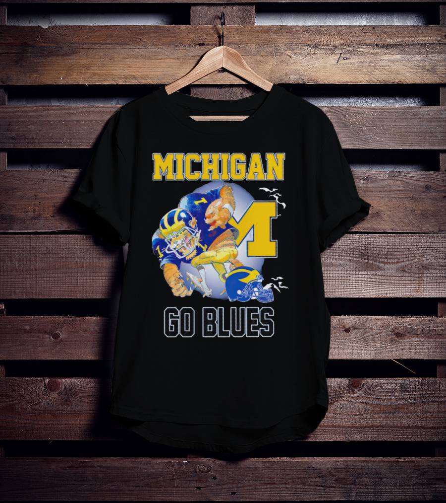 Michigan Wolverines Go Blues Football Player And Helmet T-Shirt